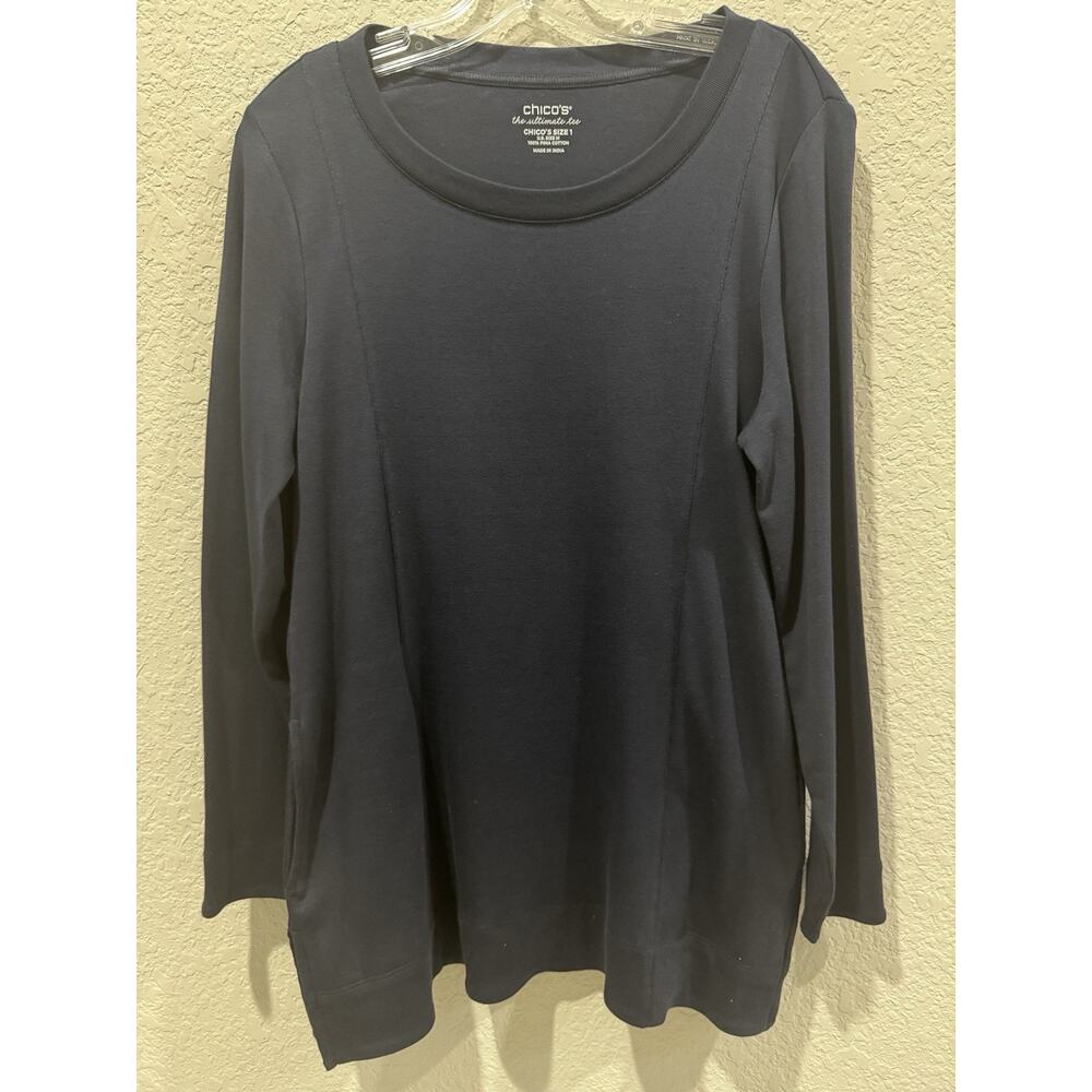 Chico’s Ultimate Tee Navy Blue Long Sleeve Pima Cotton Top Size 1 M Pockets